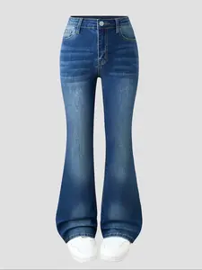 Youth Girls Slim Fit Elastic Flare Leg Jeans, Washed Denim with Adjustable Waistband, Comfortable All-Season Wear, Casual Style