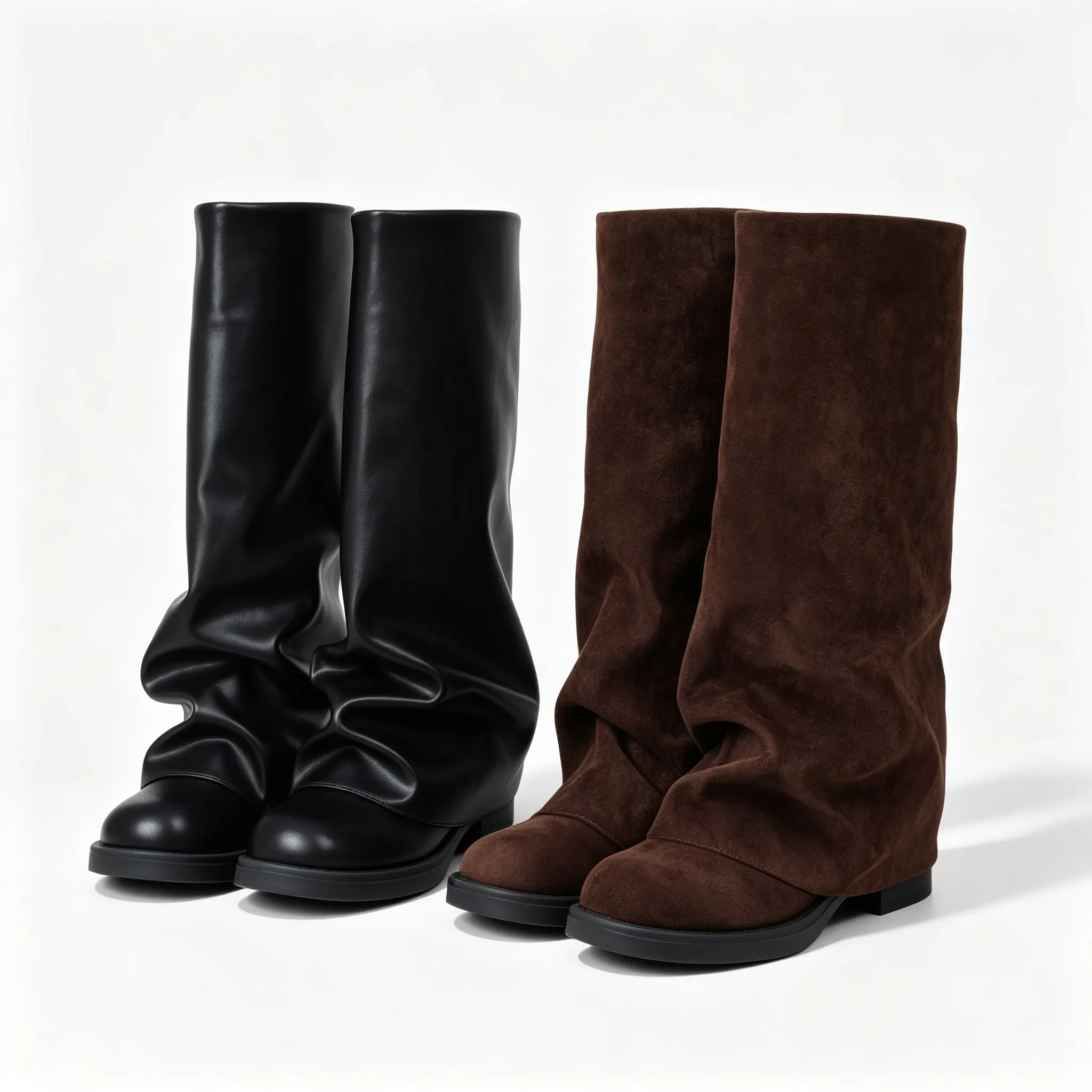 Womens Faux Leather Slouch Knee High Boots Round Toe Low Flat Heel Ruched Fold Over Wide Shaft Design Minimalist Modern Streetwear Footwear Soft Smooth Vegan Leather Relaxed Wrinkled Silhouette Trendy Avant Garde Style Perfect For Autumn Winter Daily