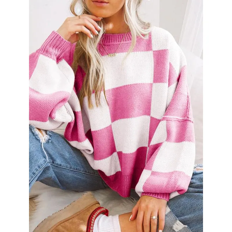 Women's Unique Plaid Pullover Sweater, Casual Drop Shoulder Knitwear with Bishop Sleeves for Fall and Winter, Fitted