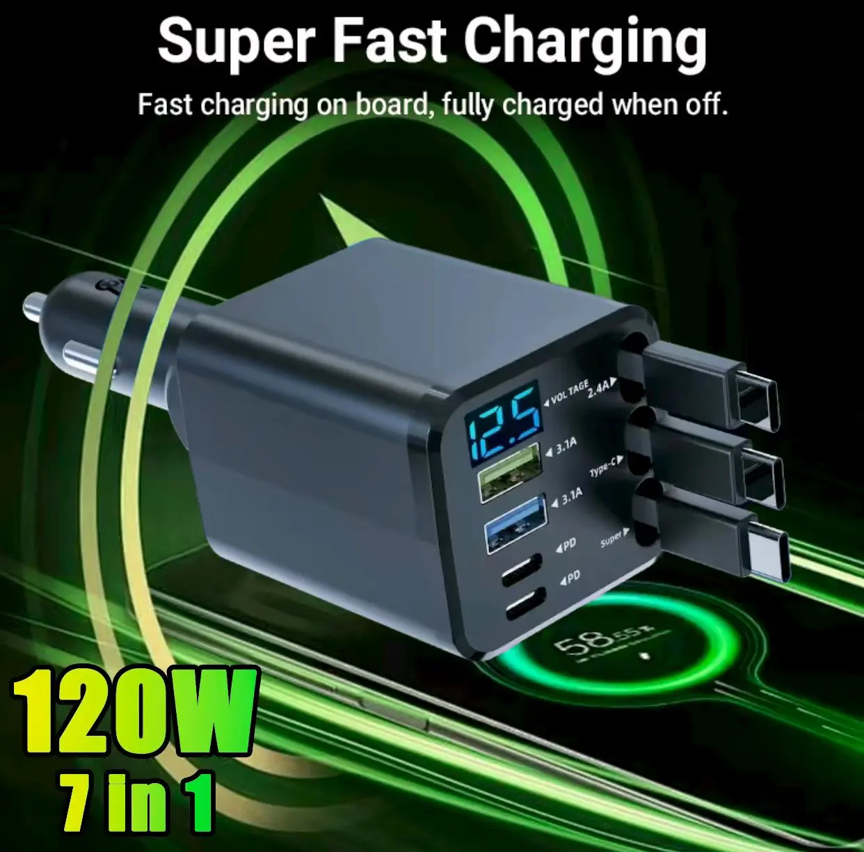 TIISIFANG 120W Power 7-in-1 Intelligent Fast Charging High Speed Car Charger - Retractable Cables, LED Voltage Display, 3.1A Multi-Port USB, Compatible with iPhone, Type-C Devices, Automotive Accessories, Fast Charging Charger, High Speed Charger, Car Acc