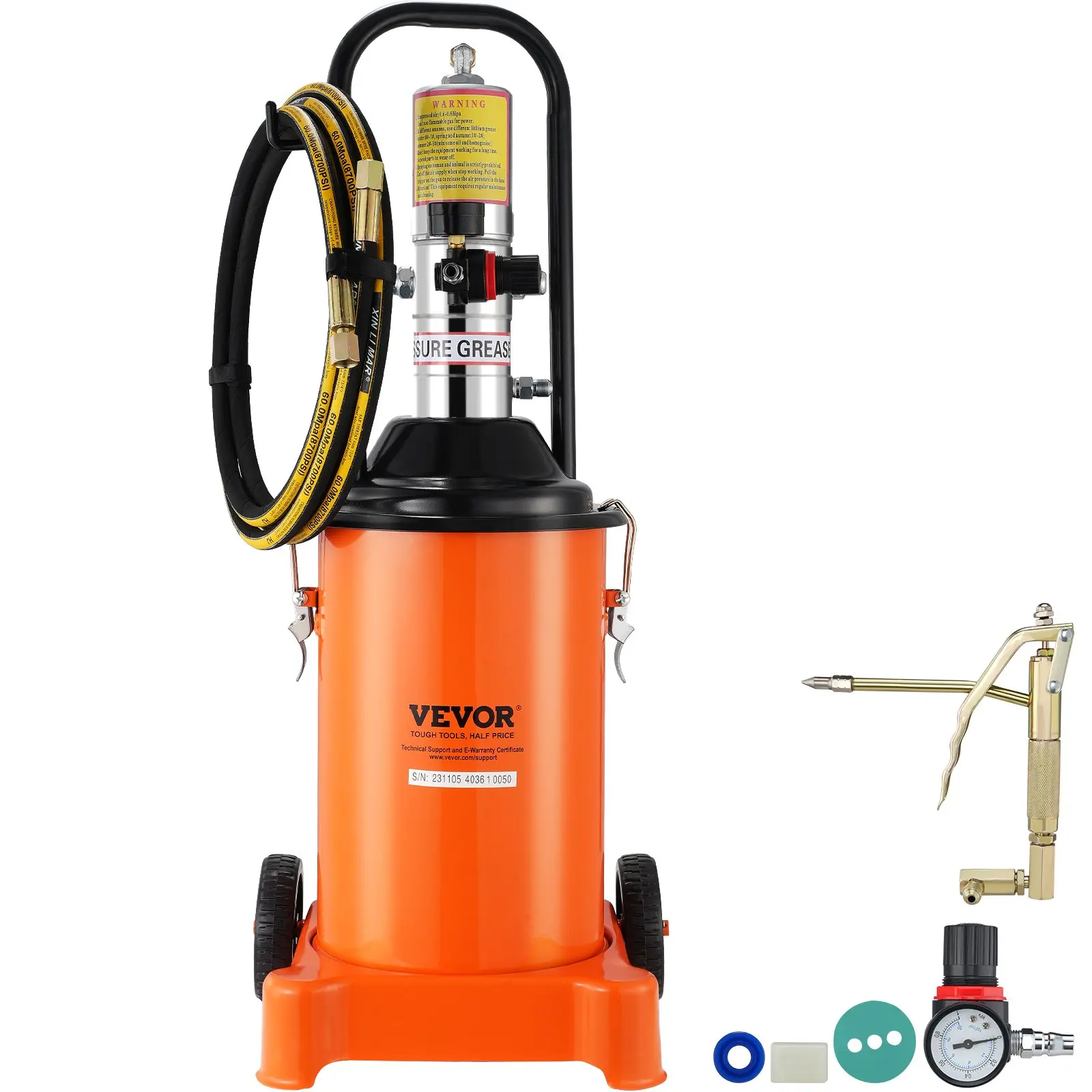 【Summerfinds】VEVOR Grease Pump, 3 Gallon 12L, Air Operated Grease Pump with 13 ft High Pressure Hose and Grease Gun, Pneumatic Grease Bucket Pump with Wheels, Portable Lubrication Grease Pump 50:1 Pressure Ratio Tire Maintenance Equipment