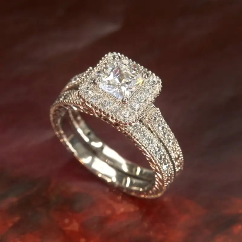 2-Piece Bridal Ring Set, Sparkling Vintage Princess Cut Simulated Diamond Engagement Ring & Wedding Band for Women, Elegant Everyday Jewelry, Elegant Everyday Ring, Wedding Ring Sets