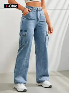 Women's Plain Flap Pocket Cargo Jeans, High Waisted Jeans, High Rise Denim, Casual Basic Street Fashion Denim Pants for Daily Wear, Ladies Bottoms for All Seasons, Womenswear, Straight Leg Joggers, Baggy Streetwear