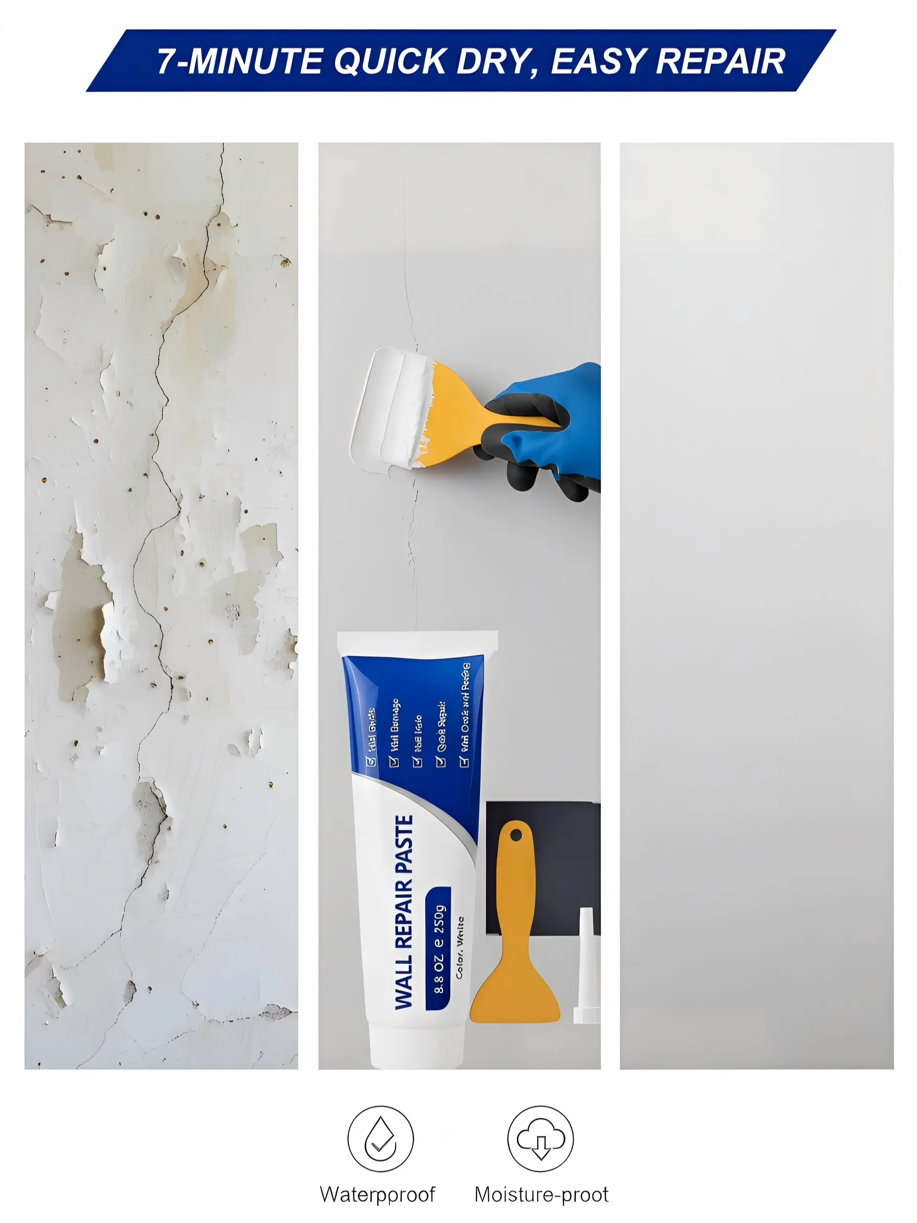 250g Quick Dry Wall Repair Paste, Drywall Patch Crack Filler, Waterproof Heavy Duty Wall Mending Agent, Multi-Purpose Concrete Repair Compound for Home Wall Repair White Spackle Kit