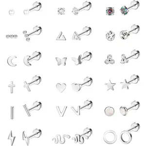 FIBO 18 Pairs Flatback Stud Earrings for Women 18G Surgical Steel Cartilage Studs Cute Moon Star Snake Opal Disc Ball CZ Stud Earring Set Fashion Jewelry