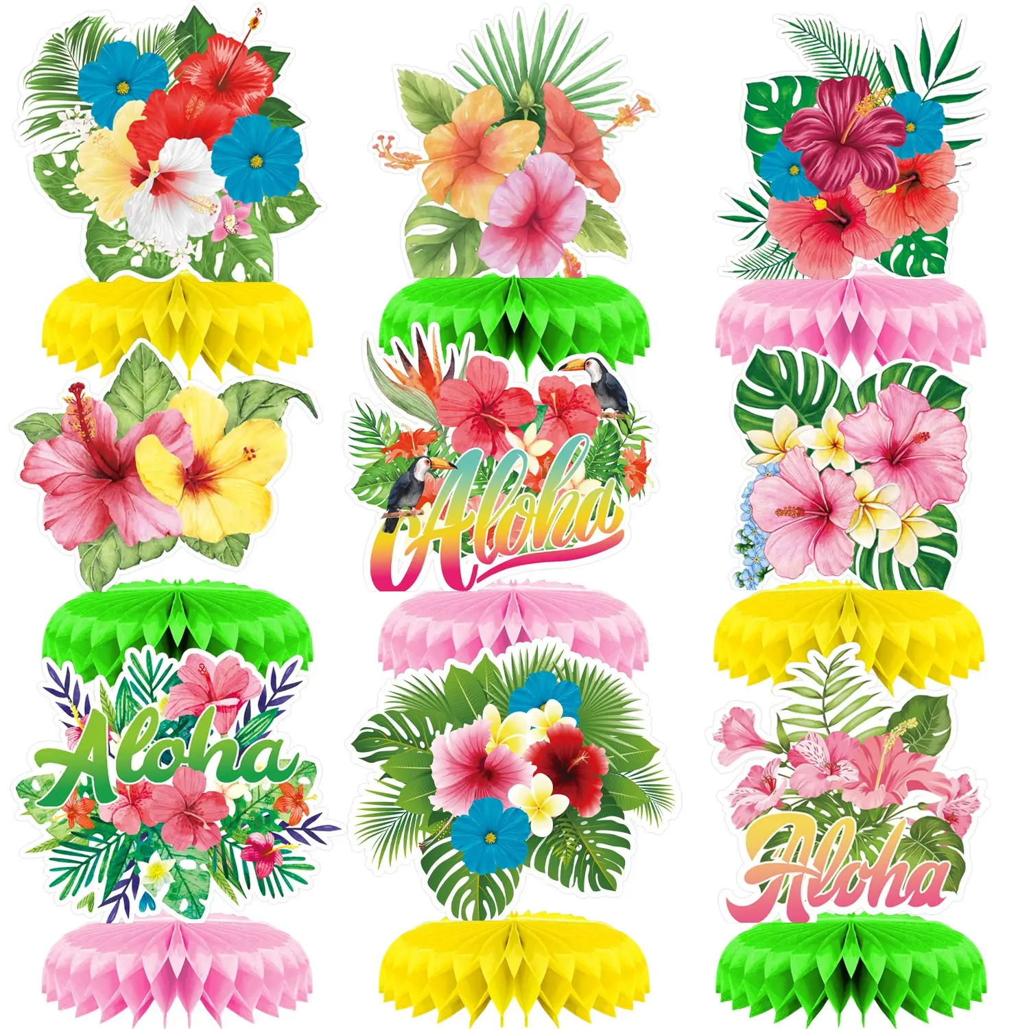 9 Pcs Hawaiian Luau Flower Honeycomb Centerpieces, Summer Party Floral Table Toppers for Hawaiian Birthday Party Supplies, Summer Tropical Aloha Party Decorations, Party Decoration Set, Party Decor Design