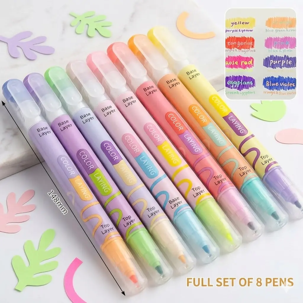 8-Pack Multicolor Highlighter Set, Dual-Tip Dual-Color Markers, Color-Covering Highlighter Set, Color-Changing Magic Pens, Creative Markers, No Bleed, No Smudge, Suitable for Journals, School, and Office Supplies - Back-to School