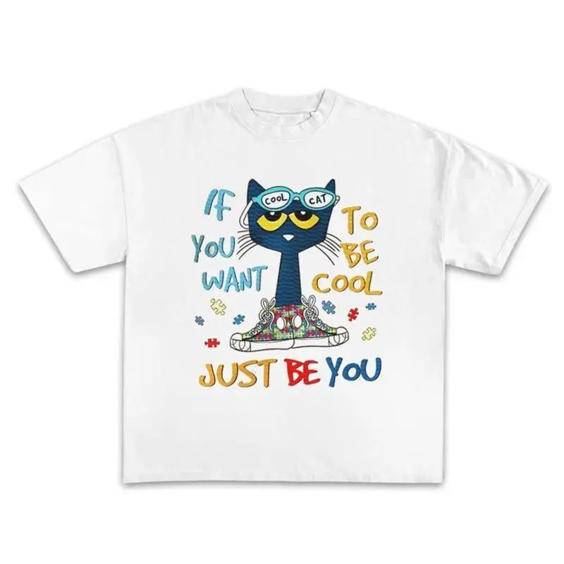 Pete The Cat Printed T-Shirt, Nostalgic Unisex Casual Graphic Shortsleeve Round-Neck Sports Top, Tshirt