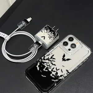 Bat Pattern Phone Case with Charger Saver & Cable Protector & Storage Rope, Anti-drop Cellphone Protective Case, Total Protective Shockproof Mobile Phone Cover for iPhone, Casing