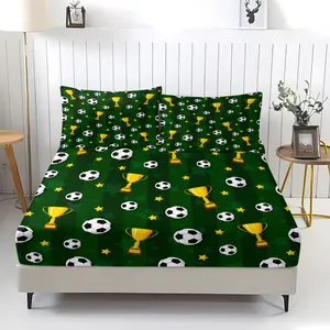 3pcs Soccer Ball & Trophy Fitted Sheet Set, Football Field Printed Bed Sheet Set with Pillowcases, Soft Microfiber Deep Pocket Mattress Cover for Soccer fans Bedroom