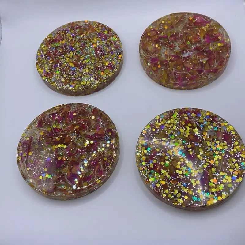 4-Piece Sparkling Floral Resin Coaster Set, Kitchen Tableware for Dining Table Use