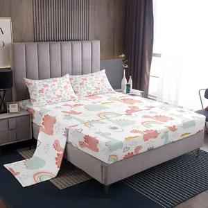 Cartoon Dino Sheet Set,Pink Green Dinosaur Sheets with Deep Pocket Fitted Sheet,Cute Jungle Dino Bed Sheets Set,Cute Rainbow Luxury Bedding Set