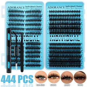 ADORANCE 444PCS Lash Clusters 4 Style Wispy, Fluffy Volume Eyelashes, Cat 50D+60DH+80DV+100D Eyelash Clusters Kit with Lash Bond, Seal & Tweezers, Diy Makeup Lashes, Cluster Lashes for Everyday Makeup, Travel & Special Occasions