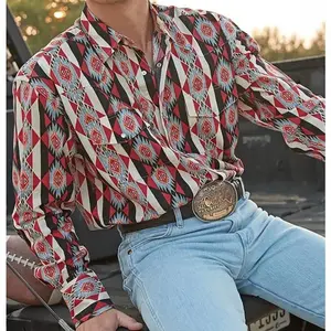 Casual Aztec Print Western  Long Sleeve  Vintage  Casual Mexican Cowboy Polo  Mens Tops shirt Men's