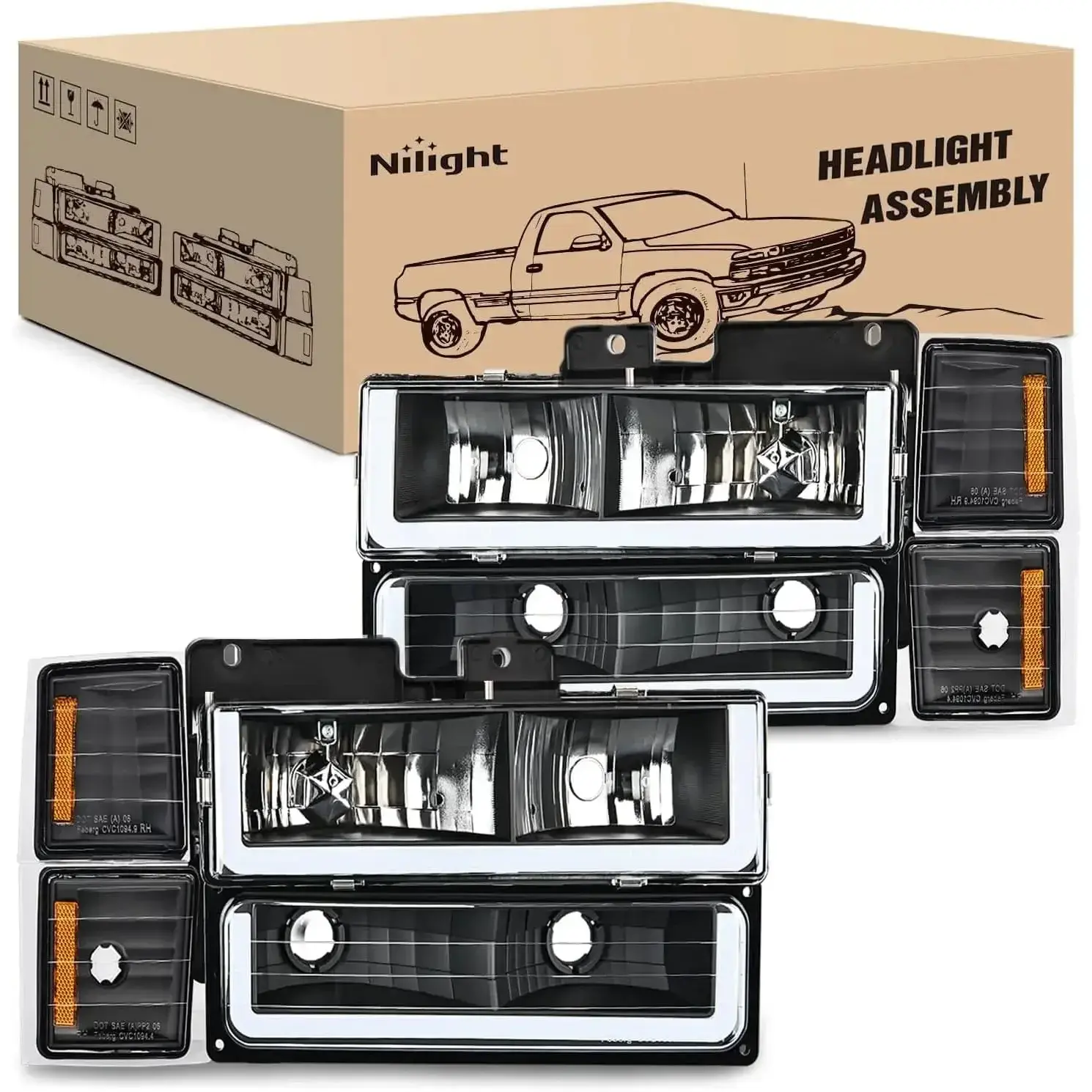 Nilight High Lumen LED Car Headlight Assembly for 1994-1998 Chevy Silverado 1500,2500,3500 - Black Case, Amber Reflector, IP65 Waterproof, OE Standard, Plug-N-Play, UV Resistant, High Beam, 15 Mins Installation, High Lumen Headlight