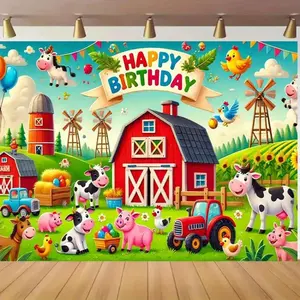 1pc 2D Flat Country Theme Happy Birthday Background Cloth - Red Barn Animal Design, Polyester Decoration Banner, inch/inch/inch, Farm Scene Cows, Pigs, Chickens, Tractors