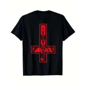 Men's Gothic Occult T-Shirt - Heavyweight Black Satanism Tee with Red Baphomet Inverted Cross, Extended Sizes S-5XL for Heavy Metal, Halloween & Satanic Rituals - Machine Washable Mens Clothing, Alternative Style