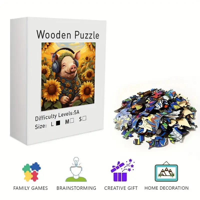 Whimsical Cartoon Pig Sunflower Field Wooden Jigsaw Set - Challenging Irregular Pieces, Observation Brain Teaser, Stress Relief Toy for Adults/Kids, Framable Farm Animal Wall Art Home Decor, Pvc-Free Wood