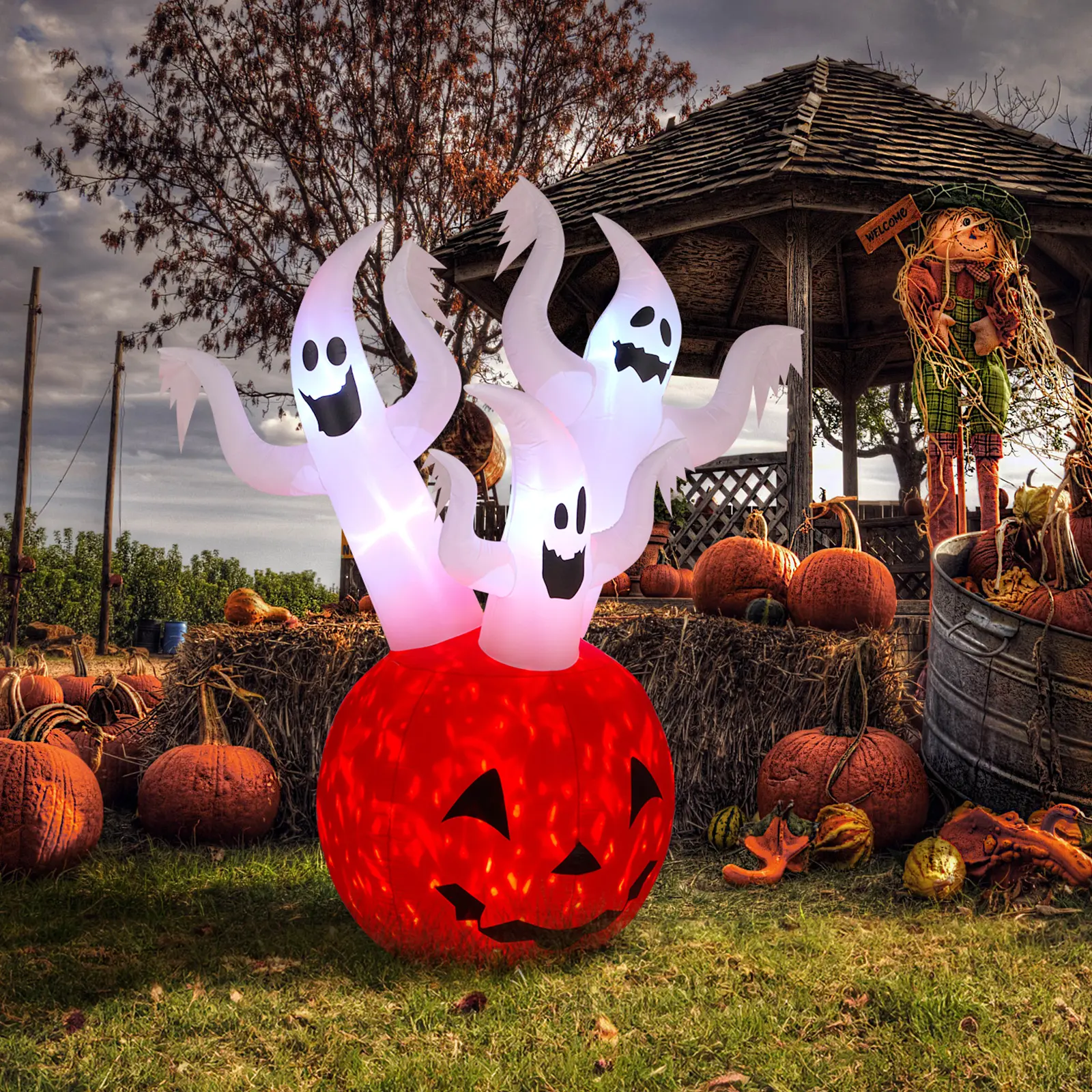 Ubesgoo 5.9 FT Halloween Inflatable Pumpkin Ghost Outdoor Decorations, Scary Blow up Yard Decor with Built-in LED Lights for Holiday Party Yard Lawn Garden Decor Indoor Outdoor
