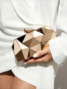 Women's Geometric Pattern Metal Evening Bag, Elegant Fashion Party Modern Evening Clutch with Chain Design, Chain Embellished Clutch, Geometric Pattern Purse, Perfect for Weddings, Parties, Gifts