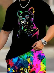 Neon Bear Gradient Ink Shorts & Top Set, Summer Men's Casual Two-Piece, Streetwear, Sports Leisure, Campus Style