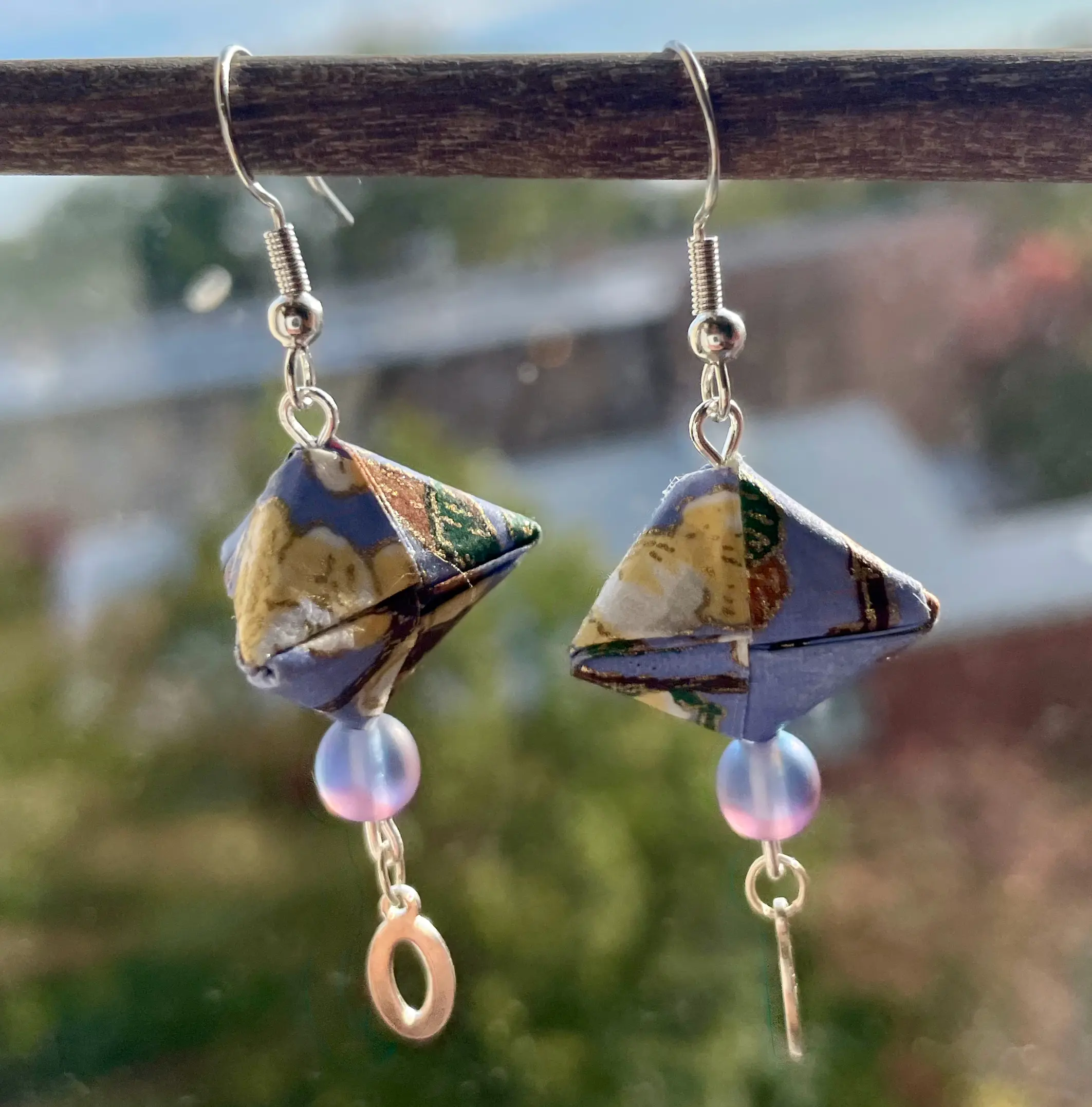 Plum blossom blue pattern Kusadama dangle earrings - 925 Sterling silver - Czech sapphire glass - Handmade Origami jewelry - Water resistant
