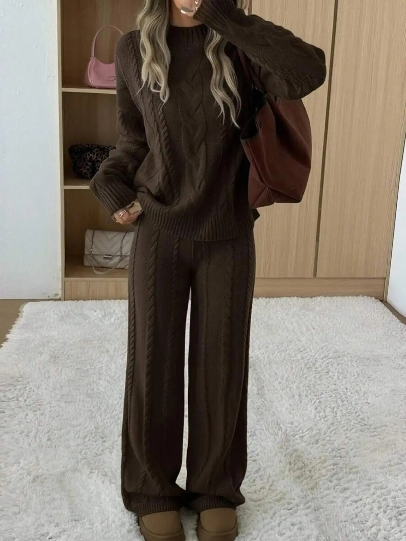 Women's 2 Pcs Sweater Set Turtle Neck Long Sleeve Cable Knit Solid Color Top and Wide Leg Pants Autumn Winter Casual Loose Fit Daily Home Stylish Comfortable Cozy Loungewear Fall for Women, Piece breathable everyday wear