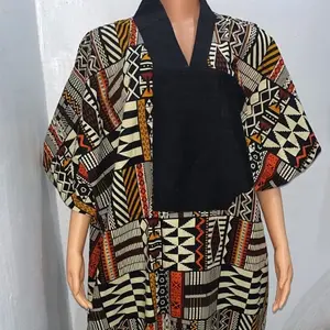 Ankara Bubu Women's Casual Dress with Geometric Pattern and Black Contrast
