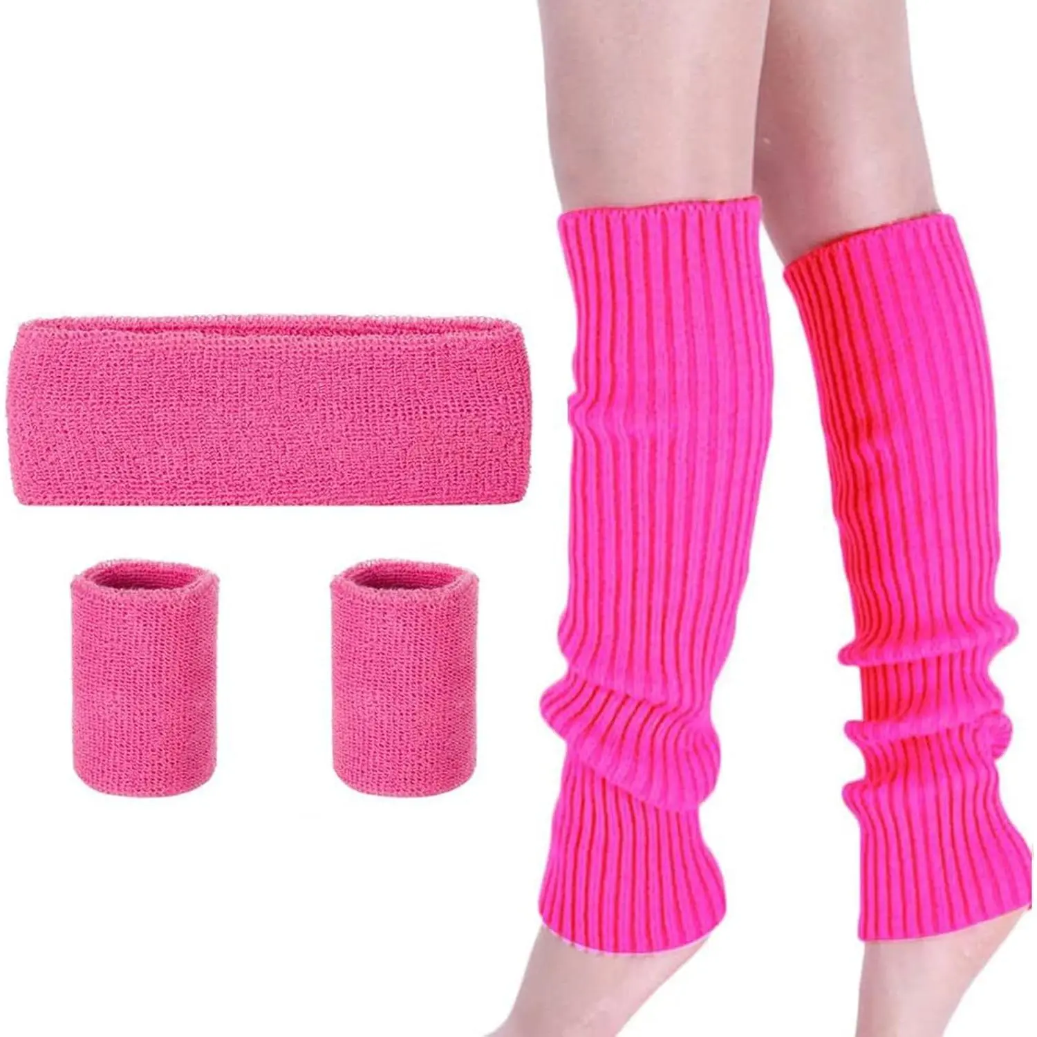 Ribbed Knit Leg Warmer Set for Women, 4-Piece 80s Neon Costume Accessories with Sports Headband and Wristbands for Party & Yoga, Armband Sports Headbands, Sporty Sports Headbands