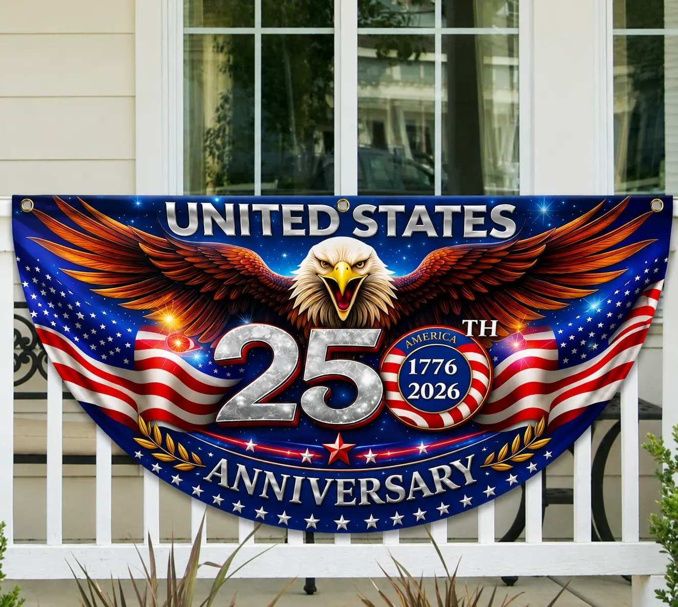 United States 250th Anniversary Eagle Bunting Flag, 1776 2026 Chrome Eagle Screaming Porch Decoration, Semiquincentennial 4th of July Outdoor Hanging Fan Flag, Independence Day America Patriotic Decor