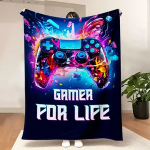 Neon Gamer for Life Blanket - Vibrant PlayStation - style controller with pink, blue, yellow, purple swirls, dark blue background, energetic debris, perfect for gaming enthusiasts, soft and cosy throw for bedrooms or gaming setups.