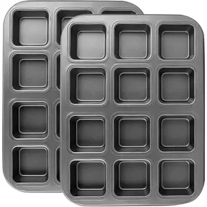 Brownie pan with dividers, 2 sets of square cupcake/brownie pans with all edges, 12 mini cavities, nonstick carbon steel baking mold, small edge, 3×4 individual cutter sheet tray for cake and cookies, oven use