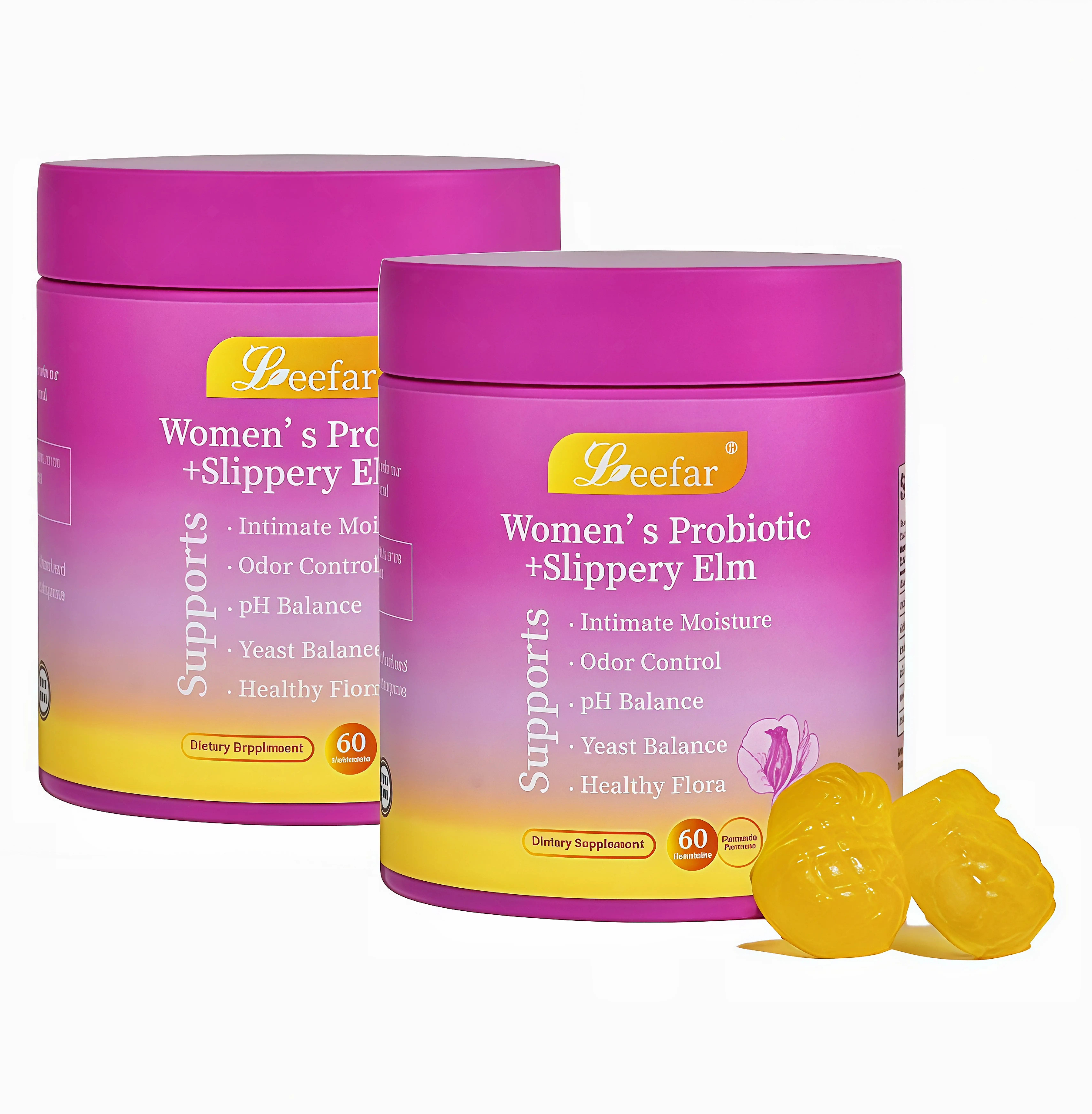 2 Botte LEEFAR Her Probiotics Gummies FG - All in One Solution with Slippery Elm and Prebiotics & Lactobacillus Probiotic Blend for Women's pH Balance and Dryness Hawaiian Pineapple Gummies Dietary Supplement