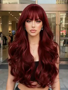 Women's 26 Inch Wine Long Curly Wig with Bangs, Millennium Style Synthetic Hair, Heat Resistant Fiber, Breathable Cap, Daily & Party Use