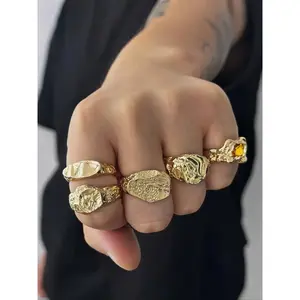 Set of 5 Fashion Hip Hop Punk Style Ring Liquid Geometric Metal Rings, Embedded Rhinestones, Adjustable Joint Rings for All Seasons