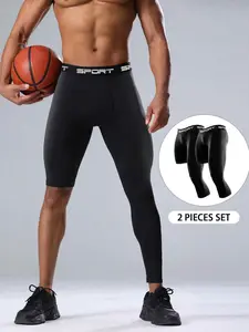 2-Pack Men's Performance Compression Pants with "SPORT" Logo, Workout Gym Basketball Running Tight-Fit Trousers,High-Elasticity, Athletic Stretchable, Breathable & Quick-Dry , Athletic Black