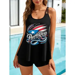Puerto Rico Flag Heritage Month Two Piece Tankini Swimsuits Slimming Stretchy Swim Tops Hide Tummy Bathing Suit Shorts