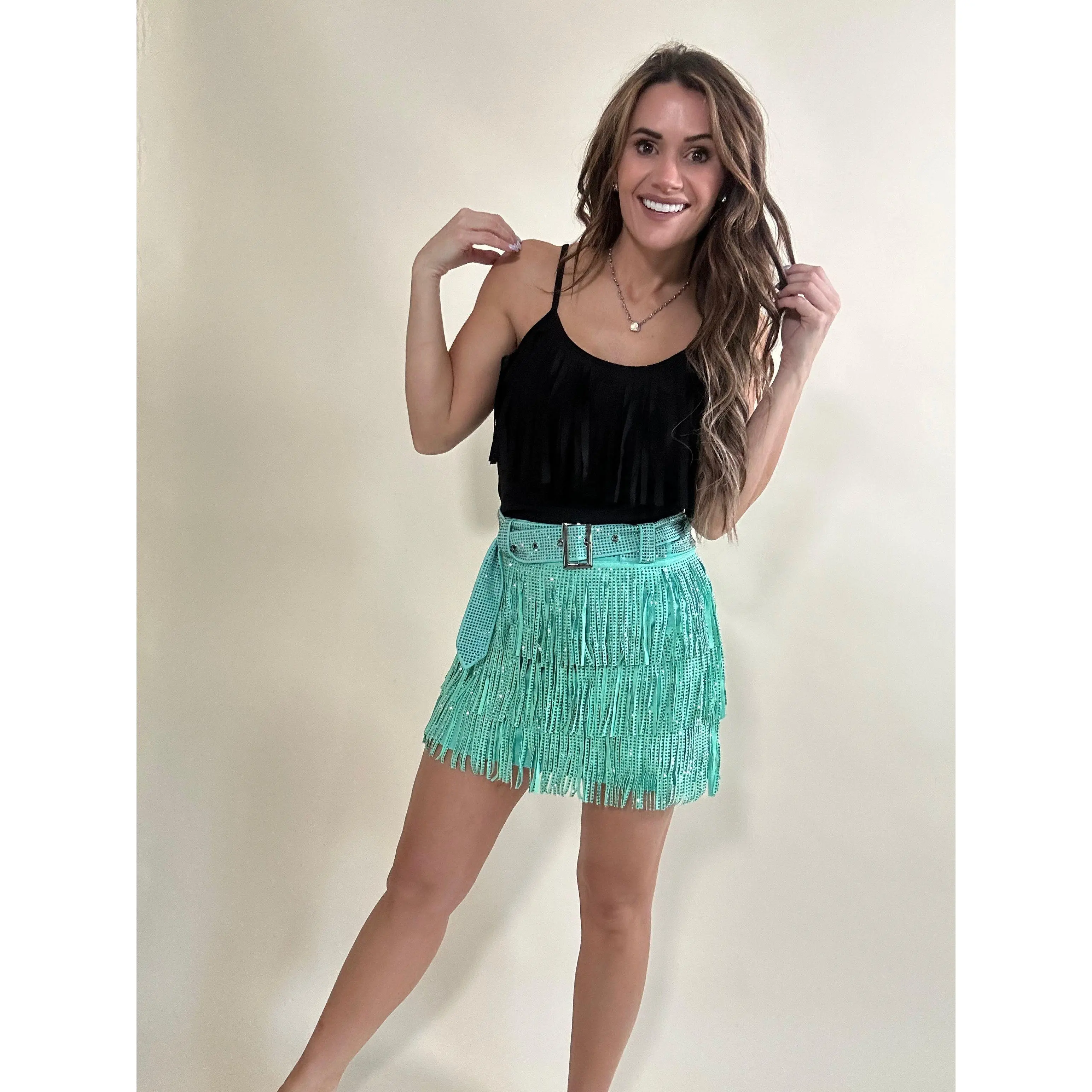 Perfectly Fringe-Turquoise Skirt