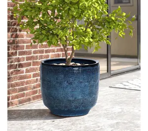 LuxenHome 15.75" Ocean Blue Grid Pattern Ceramic Planter Pot