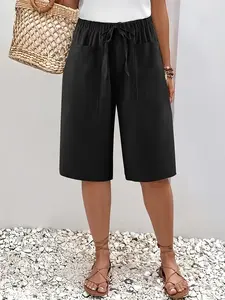 Women's Birmingham Casual Minimalist Basic Loose Shorts, Bottom, Knee-Length, Drawstring Waist, 2 Pockets, Breathable Fabric, Ultimate Comfort and Fashion