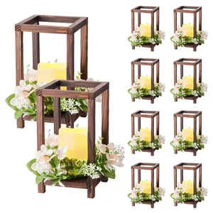 fathersdaygift  VEVOR 10 Set/30 Pcs Wooden Wedding Lantern Centerpiece, Includes 10 Wooden Lantern Candle Holder 10 Flameless LED Candle 10 Champagne Flower Wreath for Wedding Table Party Farmhouse Decor, Brown
