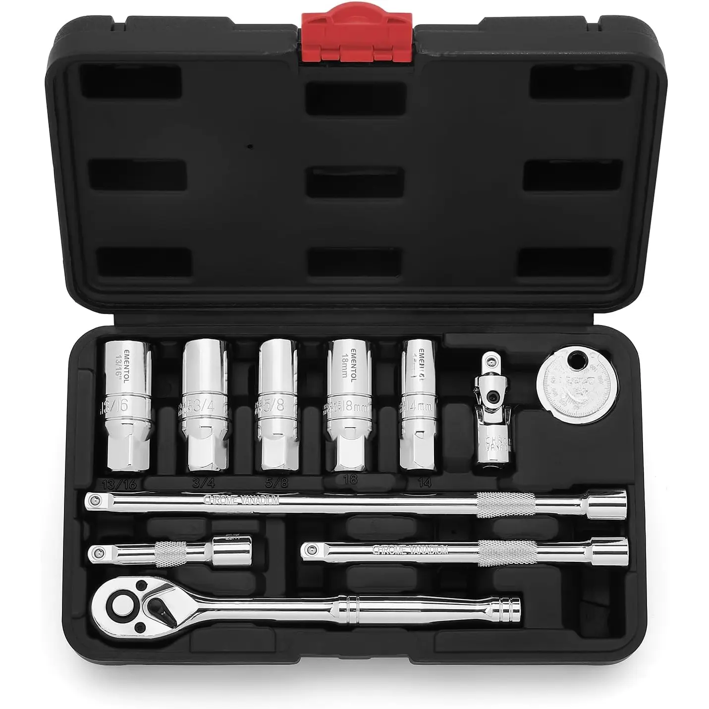 11 count 3/8" Drive Socket Accessory Set, SAE/Metric, 6 Point Spark Plug Sockets, Universal Joint, Extension Bar, Ratchet Wrench, Spark Plug Gap Gauge