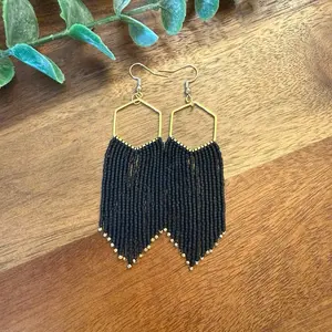 Black Beaded Fringe Earrings with Gold Hexagon Frame for Women's Fashion Accessories