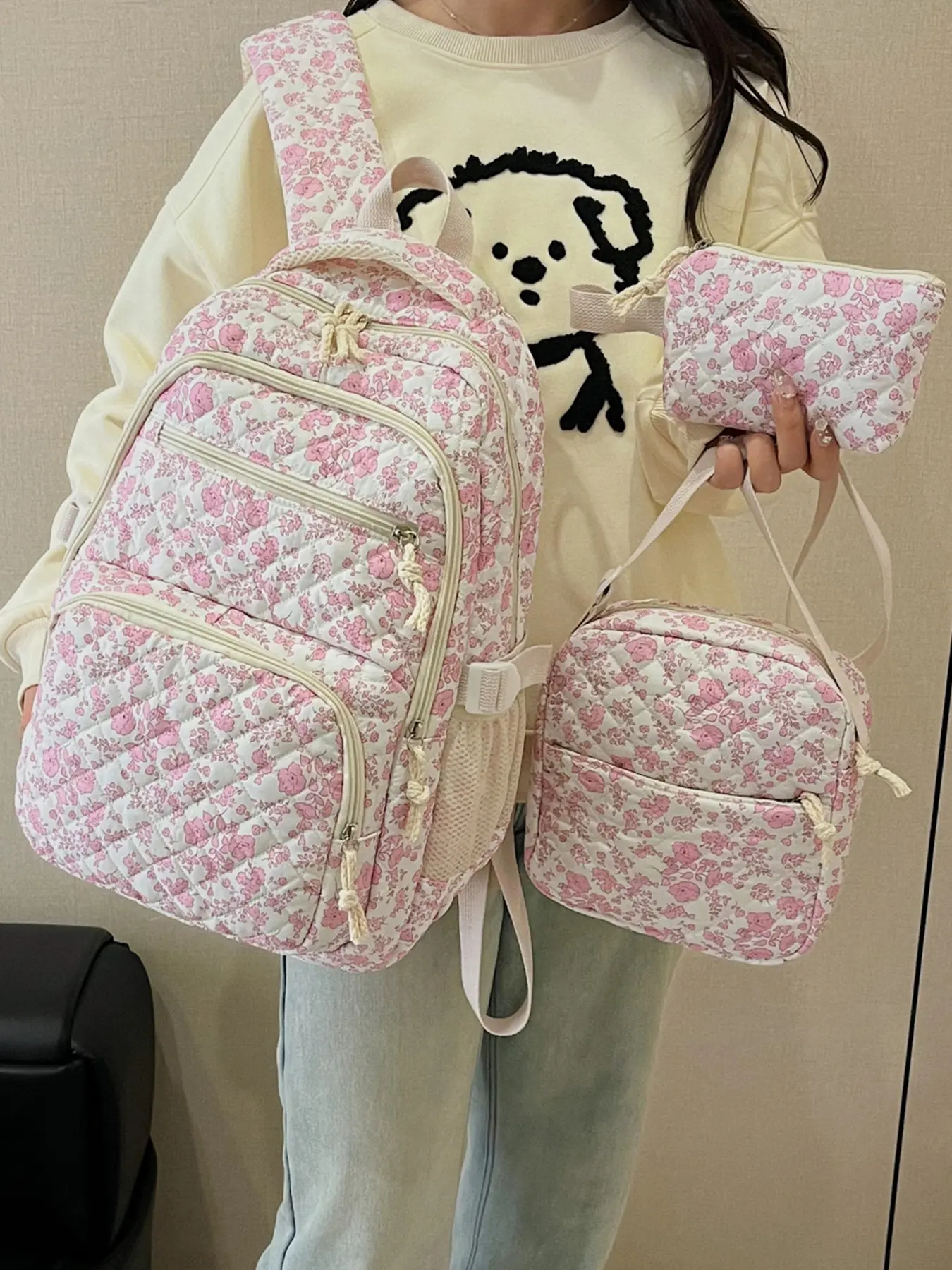 3pcs  Women's backpack with large capacity, zipper closure, flower print, Cute Backpack, fashionable and versatile, personalized and trendy, suitable for students to go to school, commute, shopping, women's backpack, Casual Printed Backpack