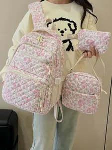 3pcs  Women's backpack with large capacity, zipper closure, flower print, fashionable and versatile, personalized and trendy, suitable for students to go to school, commute, shopping, women's backpack