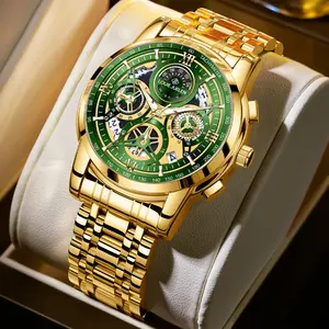 Multifunctional Luxury Men's Watch Swiss Movement Dual Calendar Sapphire Crystal Stainless Steel Luminous Water-Resistant Gold-Tone Finish