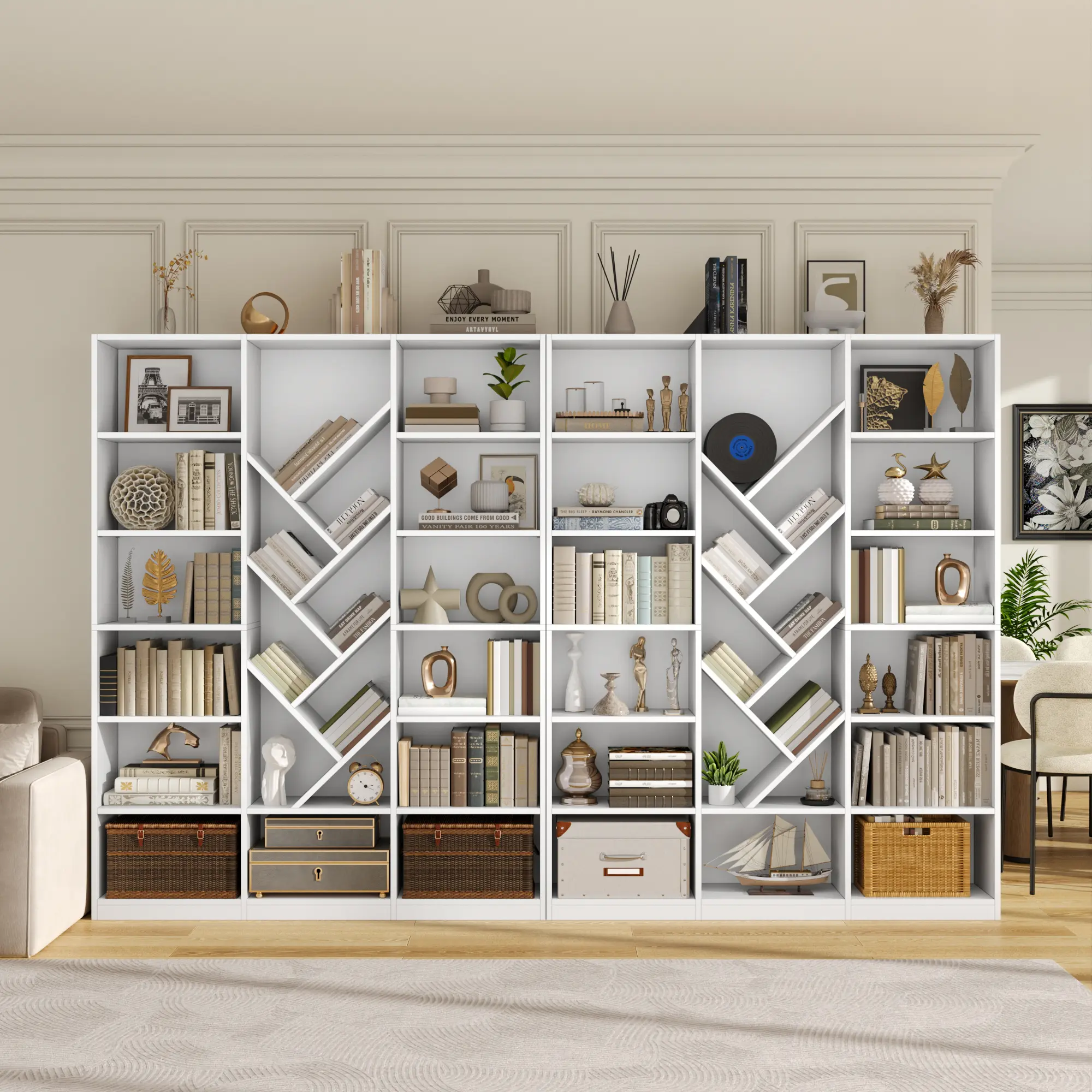 70.87" Floor-Standing Tree-Shaped Wall Corner Wood Bookshelf, 21-Open-Shelf Tall Bookcase with Adjustable Storage, Space-Saving Organizer for Small Apartment Living Room