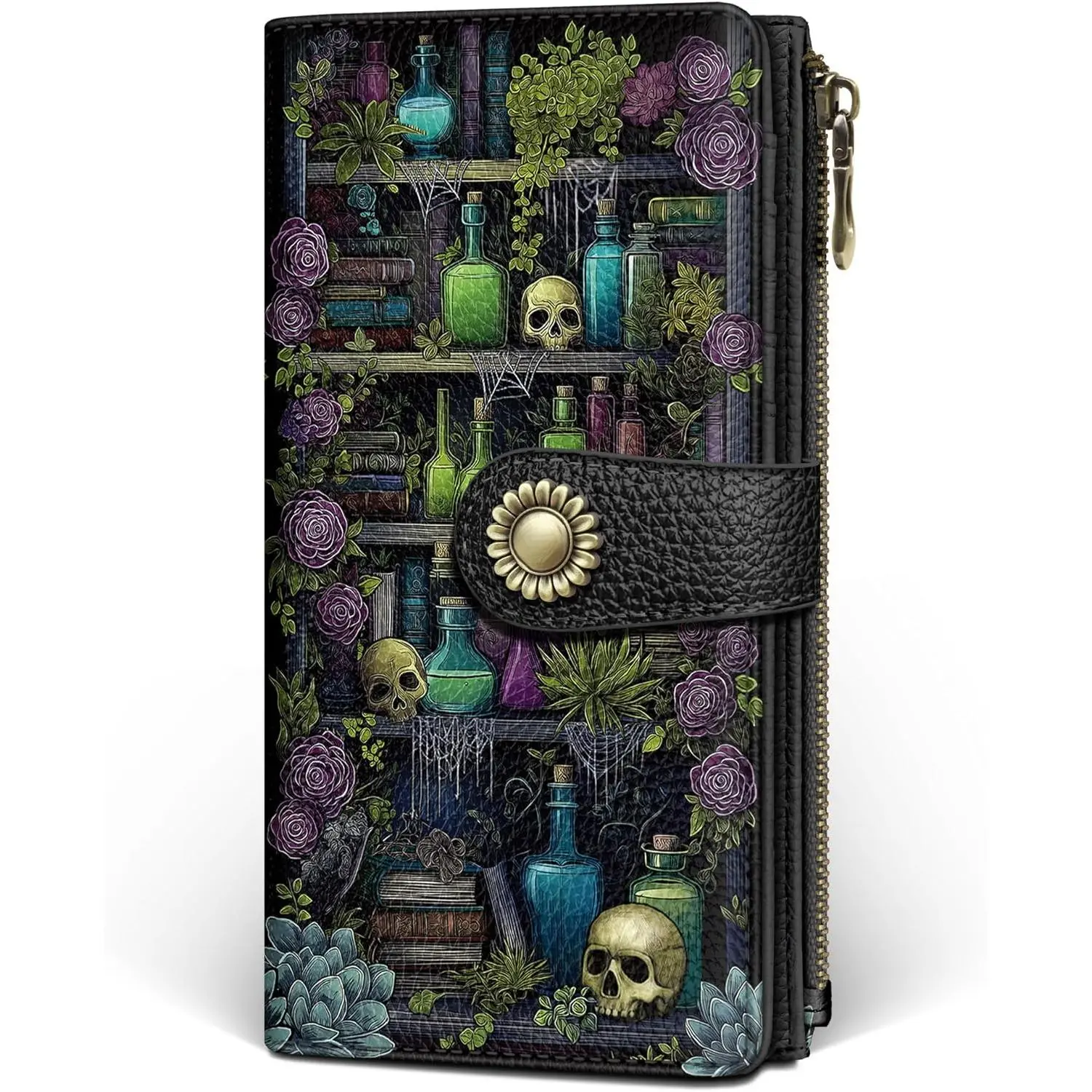 Gothic Wallets for Women, PU Leather Long Bifold Clutch with Skull Bookshelf Print, Large Capacity RFID Blocking with Zipper Pocket