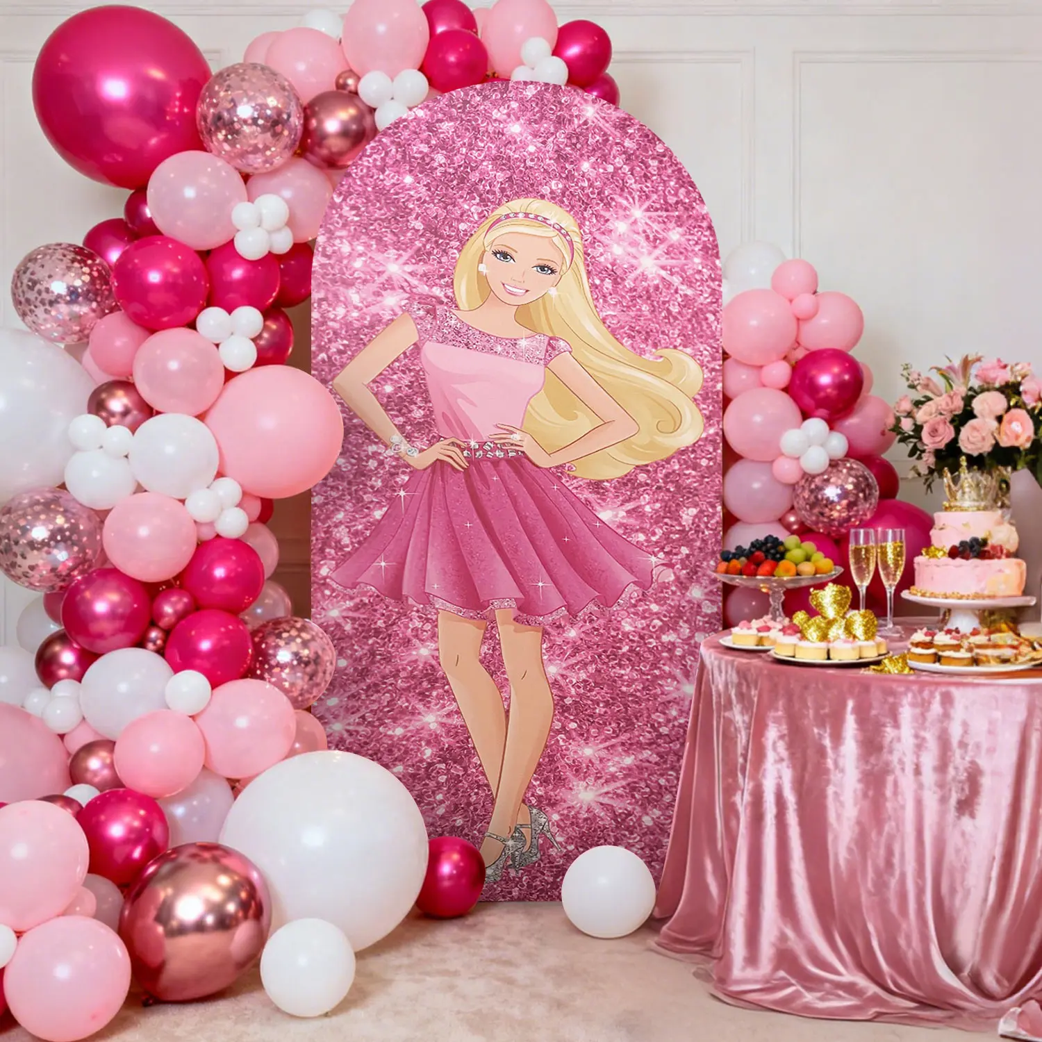 6.56FT Spandex Fitted Round Top Chiara Arch Backdrop Cover, Glitter Pink Fashion Girl Character Printed Double Sided Arch Fabric Cover for Girls Pink Birthday Baby Shower Photo Booth Party Banquet Decor