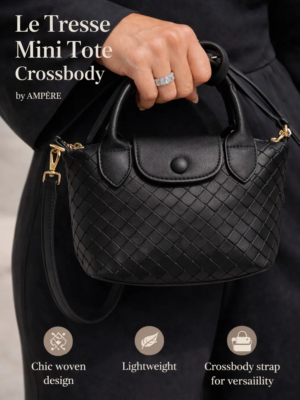 [NEW ARRIVAL] Ampere Le Mini Tressé Woven Tote Bag - Luxury Compact Women's Crossbody & Shoulder Bags, Everyday Purse, Errand-Ready Tote, Lightweight, Structured, Fashionable Pleather Intrecciato Woven, Carry It 2 Ways, Crossbody 16-24"